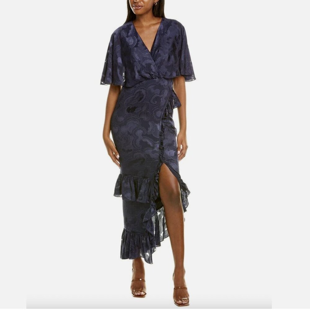 Saloni Navy Blue 'Rose' Floral Maxi Dress